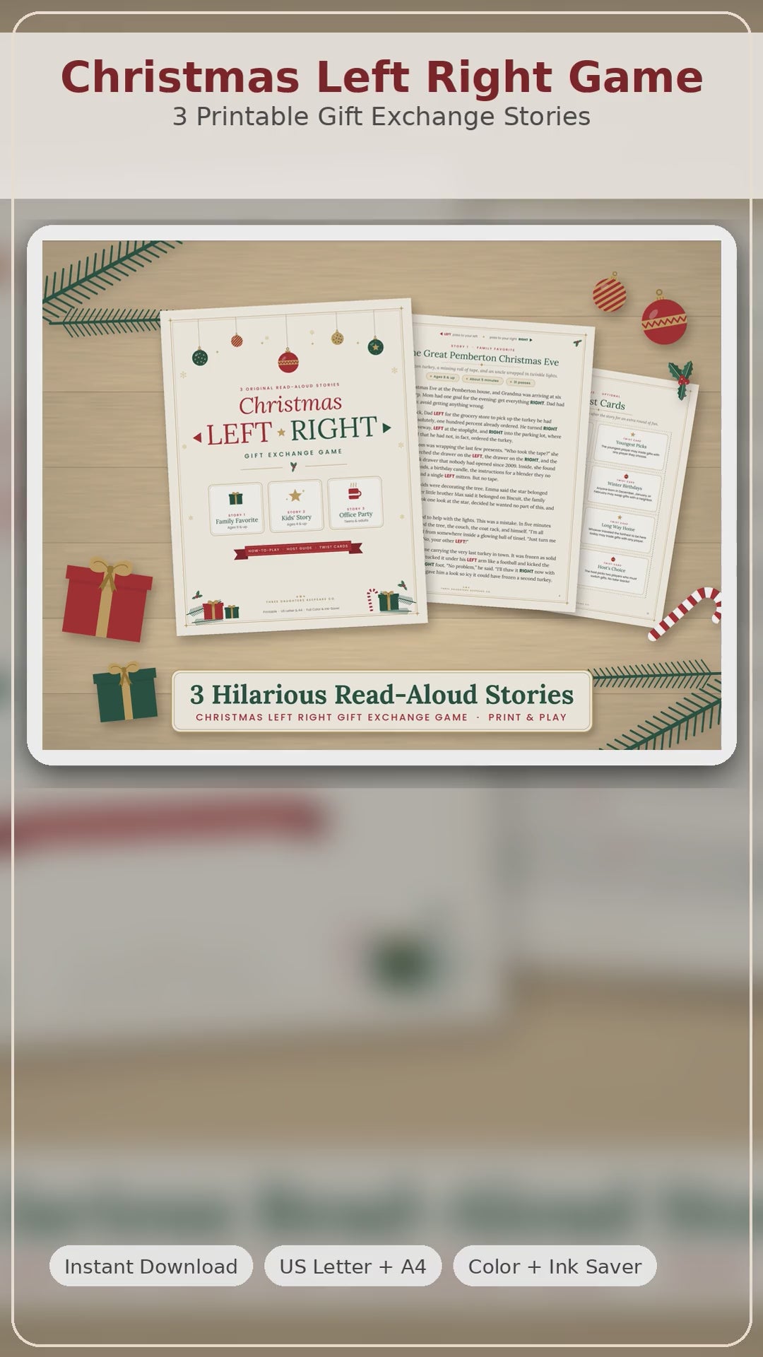 Video flip-through of the Christmas Left Right gift exchange game printable: cover, 11 print-ready pages, three stories for every crowd, and full-color and ink-saver versions.