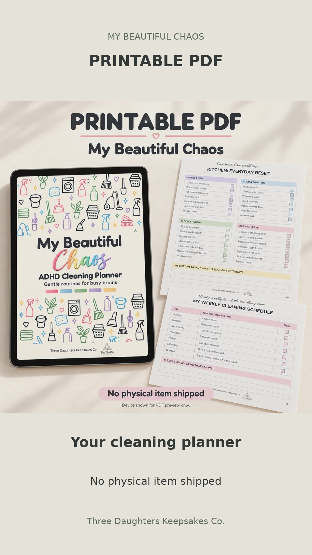 Preview video of the printable ADHD cleaning planner PDF pages