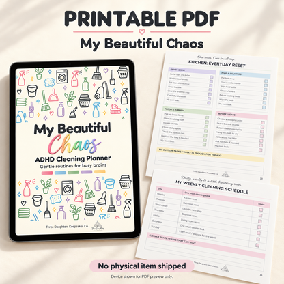 Printable ADHD cleaning planner PDF cover shown on a tablet beside printed kitchen checklist and weekly cleaning schedule pages
