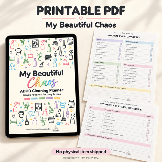 Printable ADHD cleaning planner PDF cover shown on a tablet beside printed kitchen checklist and weekly cleaning schedule pages