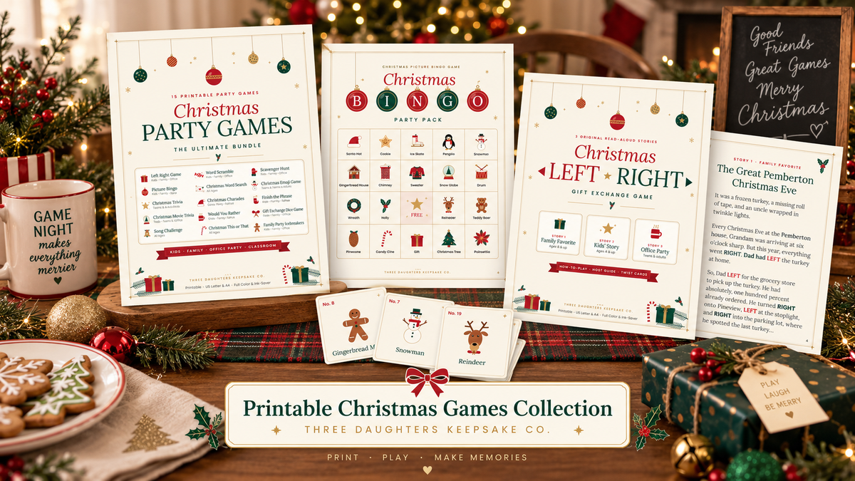 Printable Christmas games collection: party games bundle, Christmas picture bingo and Left Right gift exchange game displayed on a holiday table with bingo calling cards.