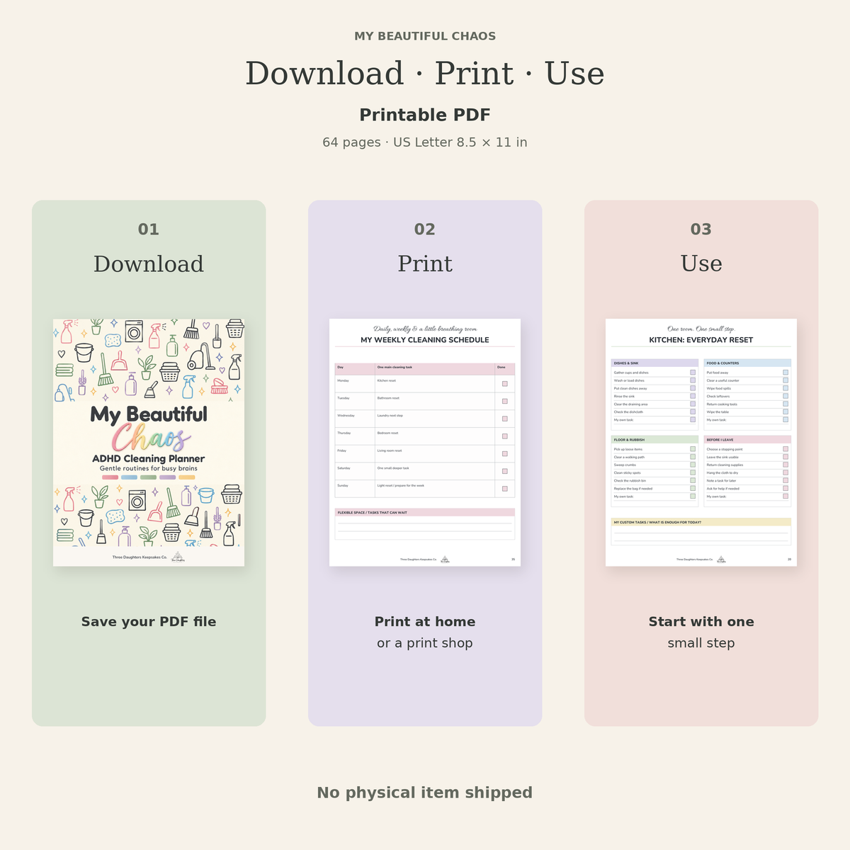 How the printable cleaning planner works: download the PDF, print at home or at a print shop, and start with one small step