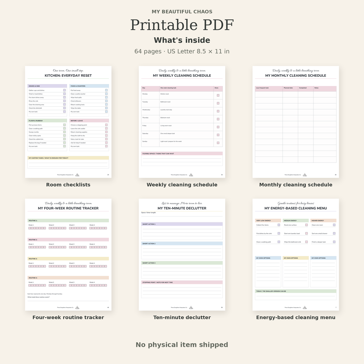 What's inside the printable ADHD cleaning planner PDF: room checklists, cleaning schedules, routine tracker, declutter and energy-based cleaning menu pages