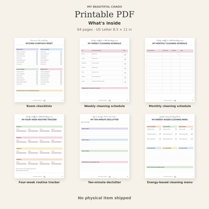 What's inside the printable ADHD cleaning planner PDF: room checklists, cleaning schedules, routine tracker, declutter and energy-based cleaning menu pages