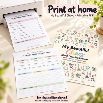 Pages from the printable ADHD cleaning planner coming out of a home printer