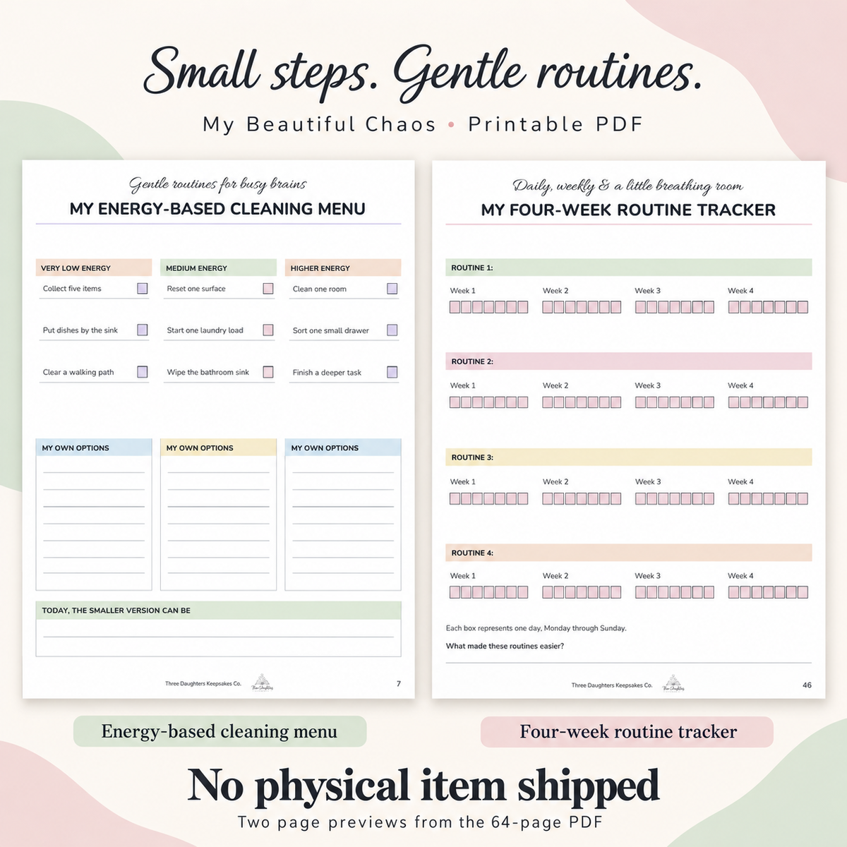 Energy-based cleaning menu and four-week routine tracker page previews from the printable cleaning planner PDF