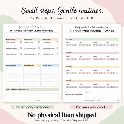 Energy-based cleaning menu and four-week routine tracker page previews from the printable cleaning planner PDF