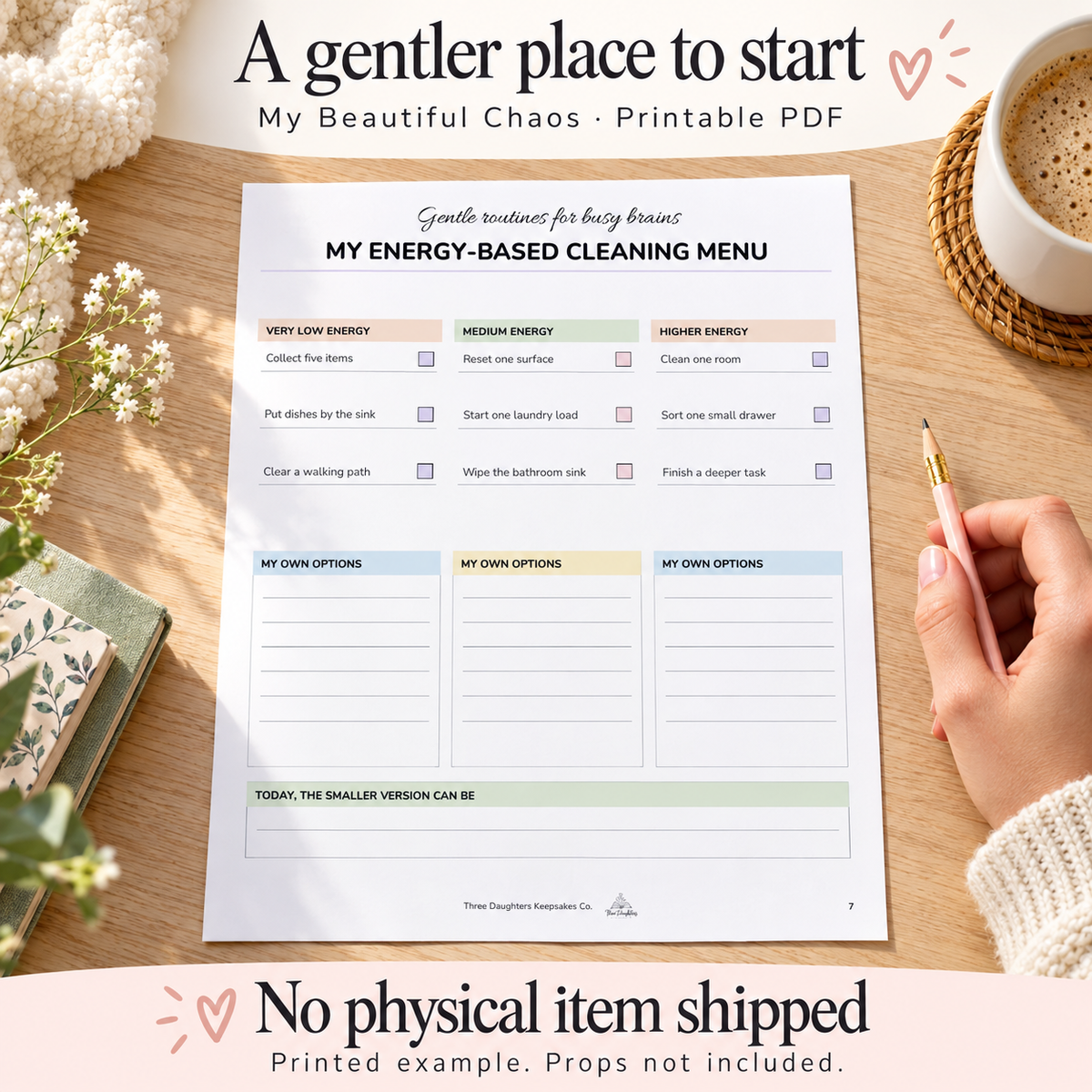 Printed energy-based cleaning menu page from the ADHD cleaning planner PDF on a wooden desk with a pencil and coffee